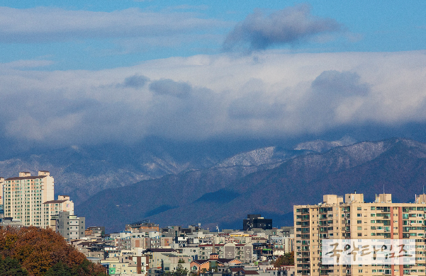 영주시청 옥상에서 바라본 소백산 능선의 설경