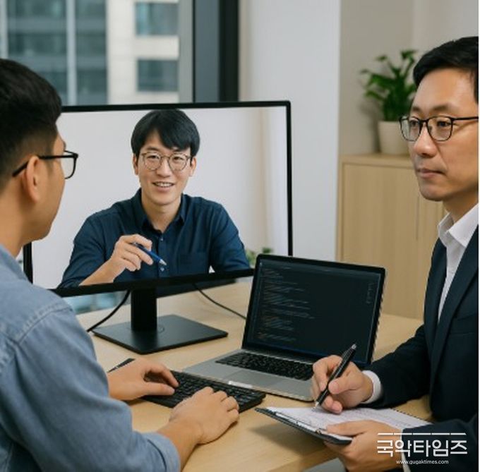서울에서 진행된 한국어 가능한 BA와 스타트업 고객 간의 미팅 장면이며, 베트남 개발자가 화면을 통해 원격으로 참여하고 있다. (출처: OpenAI 챗GPT)